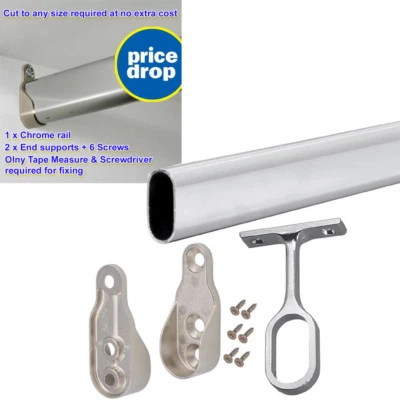 WESTERNDEALS Wardrobe Rail Chrome Hanging Oval Rails Cut To Size - Free Pre Ends With Screws.