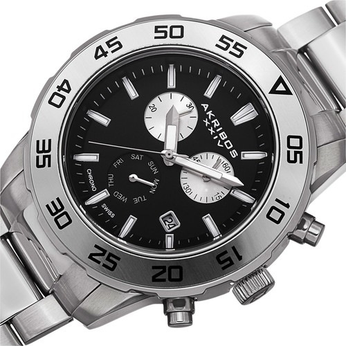 New Men's Akribos XXIV AK669SSB Chronograph Black Dial Stainless Steel Watch - Picture 2 of 7