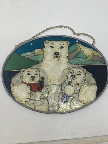 Vintage Coca Cola 7” Stained Glass Polar Bear Family Ad Advertising Oval Sign - Picture 3 of 10