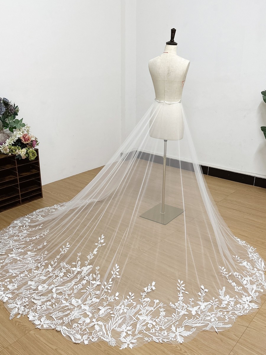 Detachable Overskirt Handmade Train Tulle Skirt Cathedral Wedding Floral  Lace