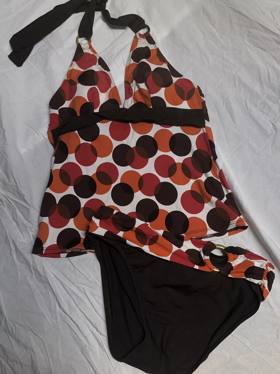 La Blanca Women's Tankini Swimwear Size 4 Orange Red Brown Polka Dot Halter  Set