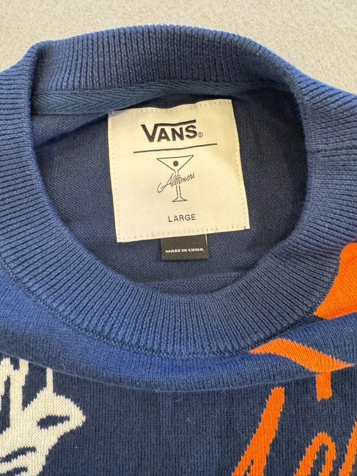 Vans Sweater Men's Large New Alltimer Blue Knit Printed Pullover Crew MSRP $110 - Image 2 of 4