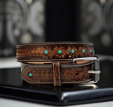 Western Belt Cowboy Rodeo Full Grain Leather Hand Tooled Removable Buckle