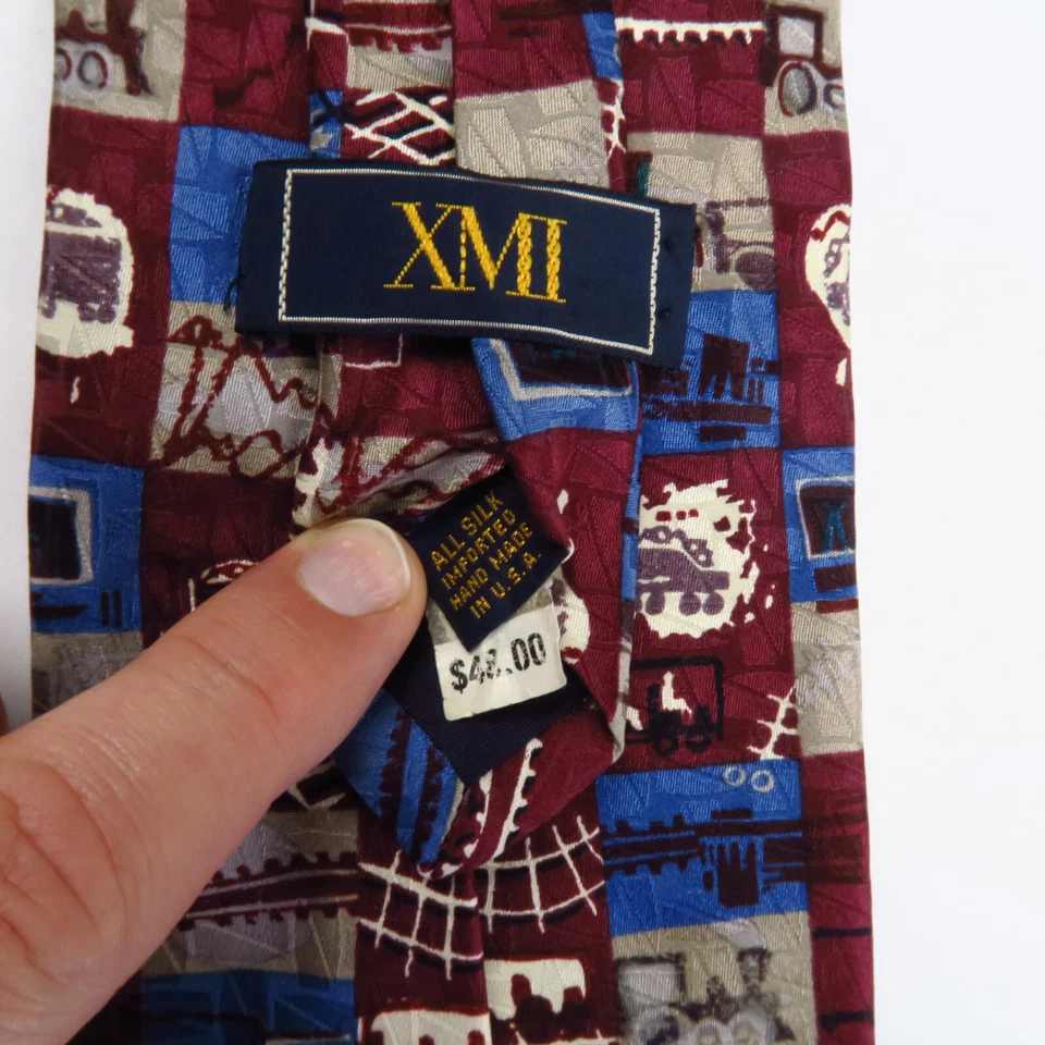 Corbata de cuello XMI para hombre a cuadros múltiples trenes de ferrocarril estampado azul rojo toda seda 57x4 Foto 3 de 4