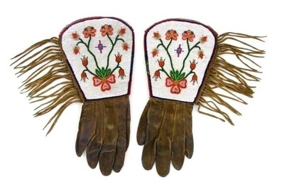 Powwow Old American Style Handmade Beaded Suede Leather Gauntlet Gloves PGV46