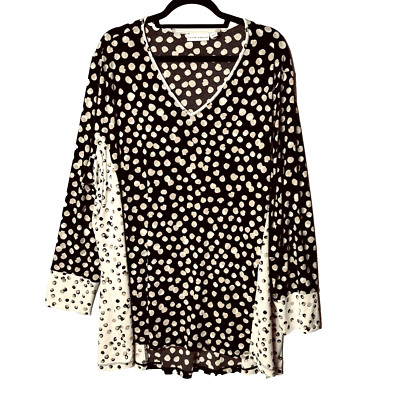 Susan Graver Tunic Sz 3X Tan Black Polka Dot Liquid V-Neck Long Sleeve Relaxed