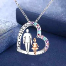 Creative Trendy Elegant Love Heart Daughter Father Pendant Necklace Unique Gift