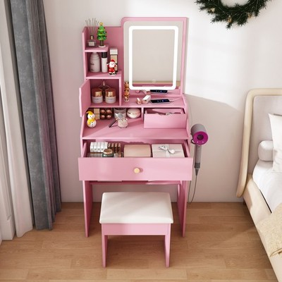 3-Color LED Vanity Mirror with Stool, Pink Dressing Table for Bedroom