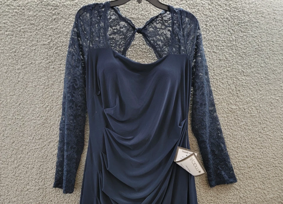 B&A By Betsy & Adam Lace-Sleeve Square-Neck Gown Women's 14 Navy Zip Closure~ - Image 3 of 4