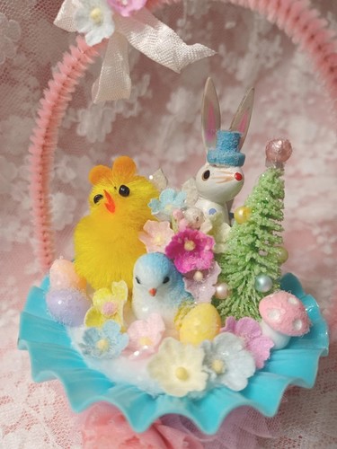๐๐ฃ Sweetest Spring Easter Bunny Pink Tulle Basket Assemblage Diorama OOAK! ๐ - Picture 7 of 12