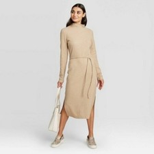 NWT Women's Cozy A New Day Cozy Mockneck Midi Sweater Dress - Camel Tan Brown