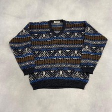 Vintage Knitted Jumper Abstract Patterned V-Neck Grandad Knit Sweater Men's L