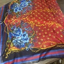 Silk Blend Scarf Blue Red Gold Floral 76”x 44”luxury Classic