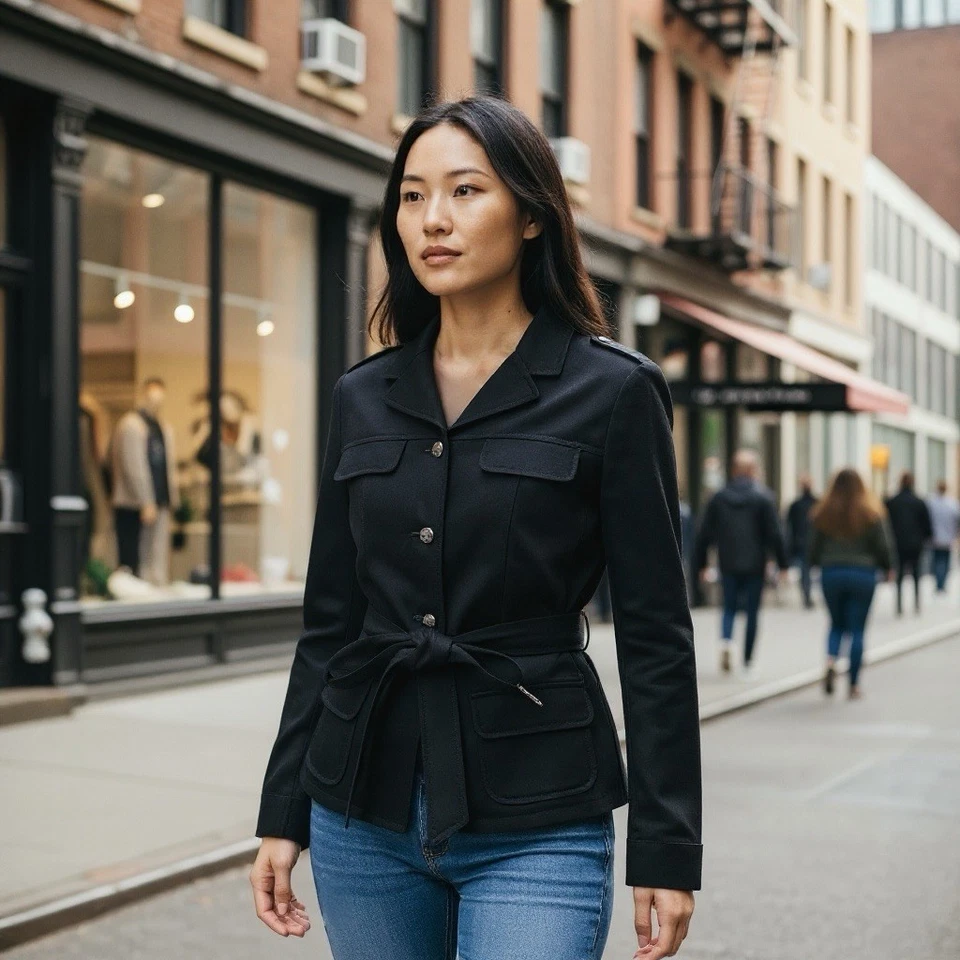 Chaqueta Blazer MICHAEL KORS 8 M Negra Algodón Cepillado con Cinturón R $195 Foto 3 de 4