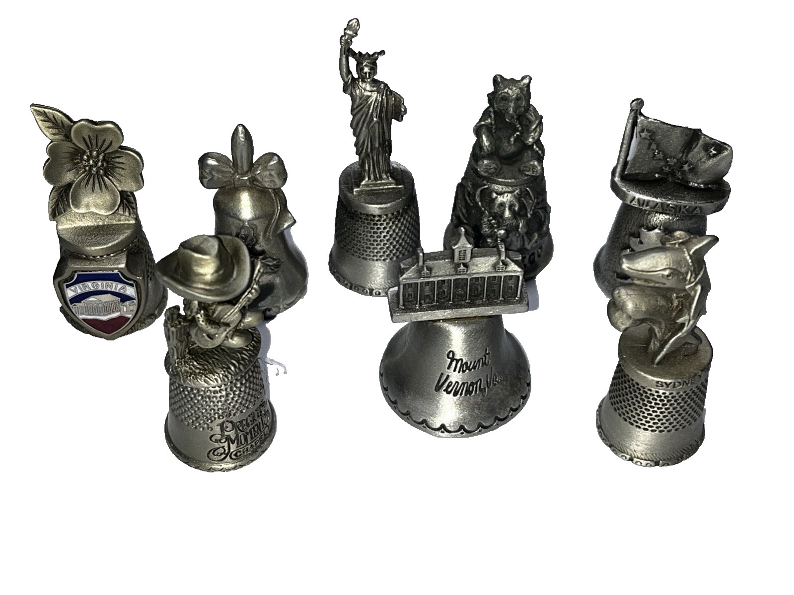 Pewter Thimble Vintage Lot 8 Thimbles Mt Vernon VA NY Souvenirs