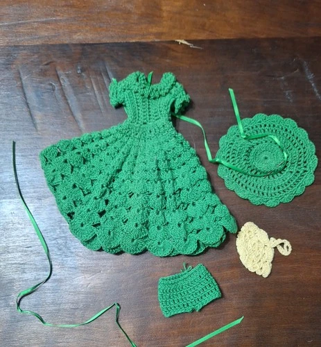 Vintage Handmade Crocheted Green Dress, Barbie Size Purse, Hat, Bloomers