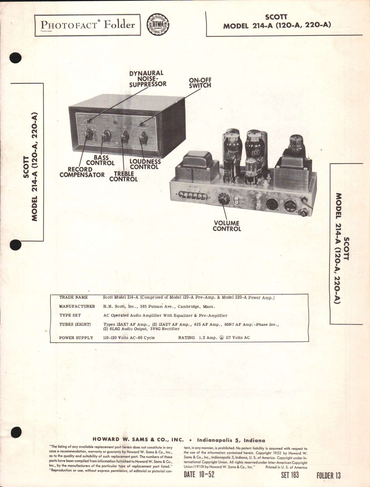 Sams Photofact HH Scott 214-A Audio Amplifier Manual w/ Schematics (original)