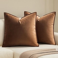 Decorative Brown Velvet Euro Sham Throw Pillow Covers 24x24 Inch  2 Pack Soft