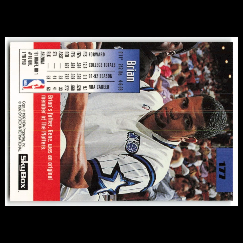 Tarjeta de baloncesto Brian Williams #177 1992 SkyBox Orlando Magic NBA casi nueva Foto 2 de 3