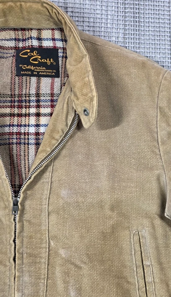 Chaqueta Bomber De Colección Cal Craft Cremallera Completa Beige Terciopelo M Forrada a Cuadros Hecha en EE. UU. Foto 3 de 4