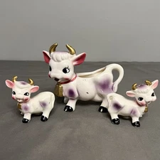 VTG Elsie Purple Cow Ceramic Creamer Pitcher & Salt And Pepper Shakers