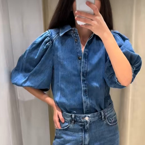 NWT ZARA Denim Puff Sleeve Blouse ZW Collection Blue 5216/053 XS, S, M, L