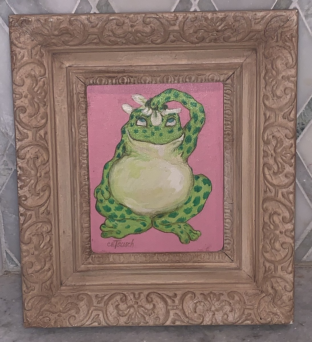 camella frog pup (yello moon× celso) oc Vintage MCM Frog W/Daisy Original Painting Framed Signed CE Tausch