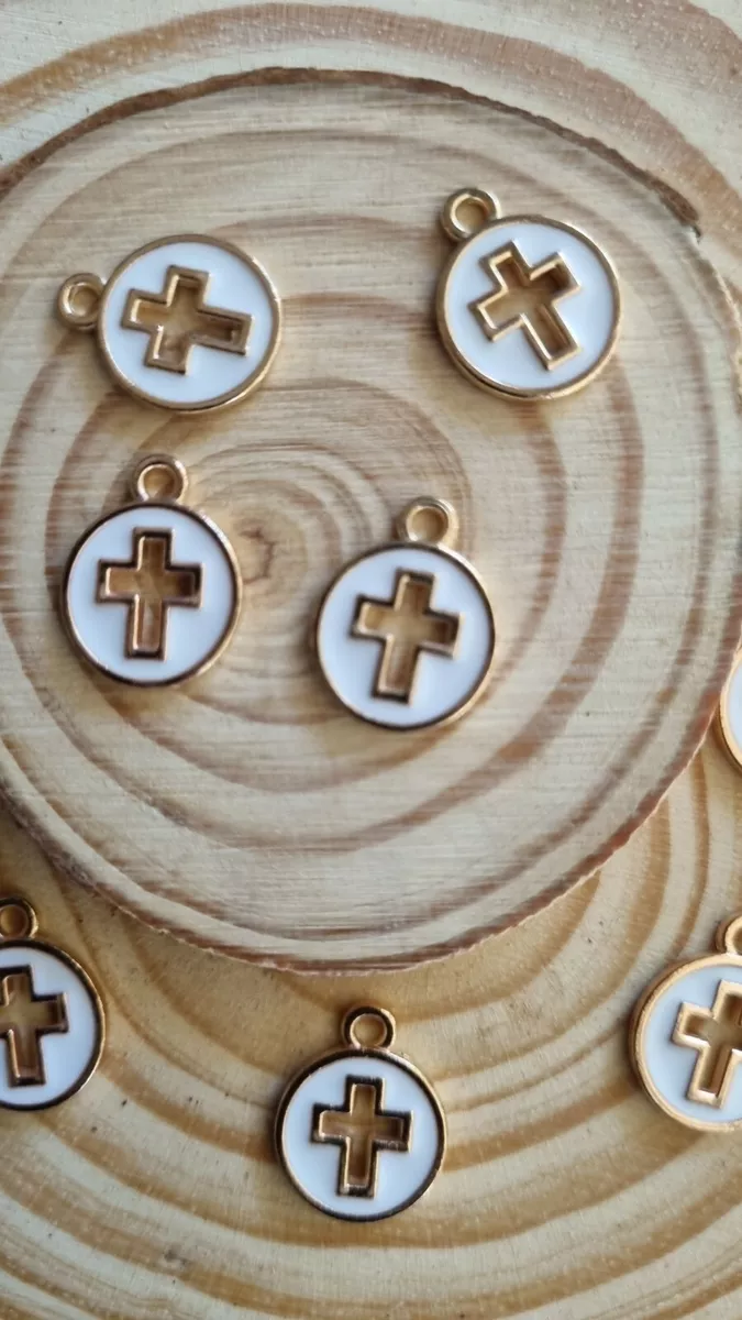 15 White Gold Enamel Cross Metal Charm Christening Baptism Favour
