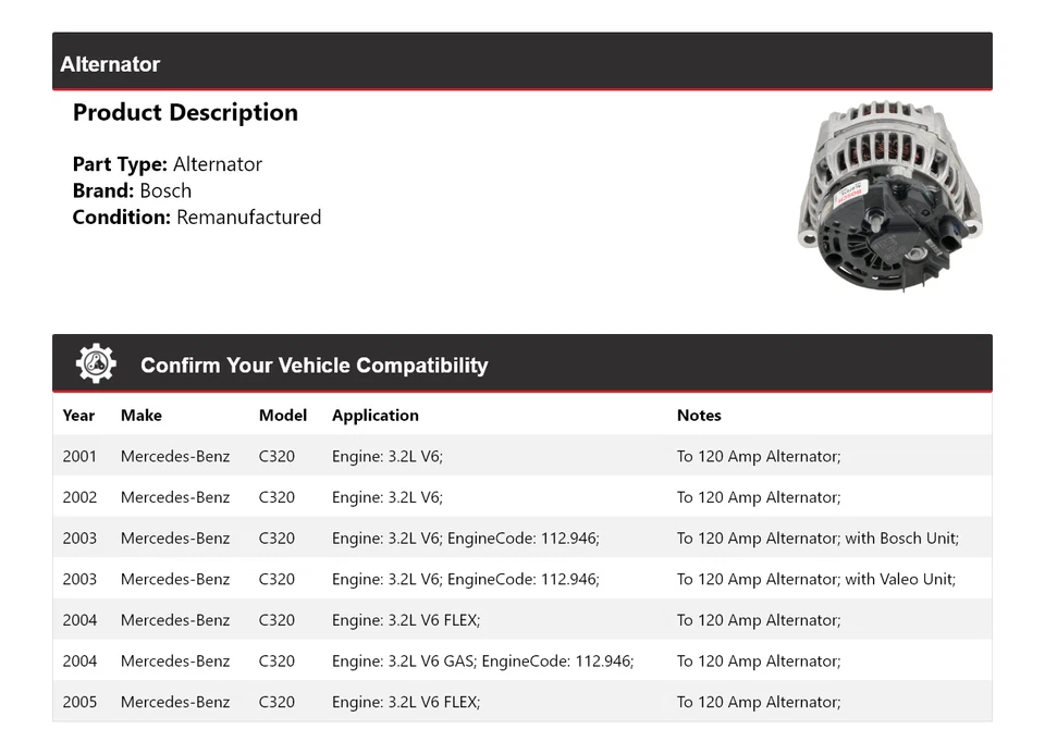 For 2001-2005 Mercedes C320 Bosch Alternator (Remanufactured) 2002 2003 2004 - Image 2 of 4