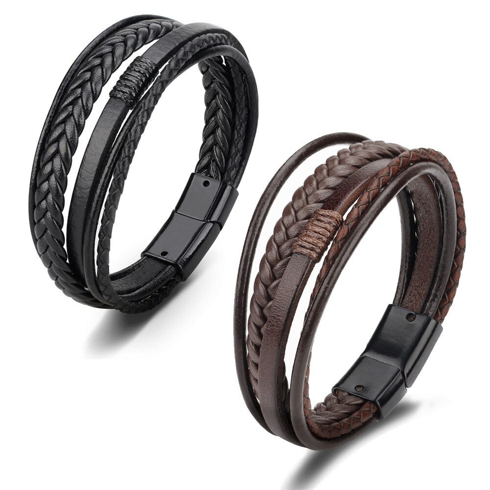 Jewellbox Men's Braided Leather Bracelet - Black, Stainless Steel Magnetic Clasp, 21cm (8.2") - View #11