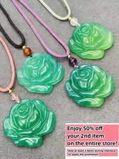 Jade Rose Floral Charm Pendant Necklace W/ Adjustable Cord Handmade Carved Gem