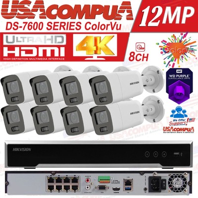 Hikvision 4K 12mp 8CH CCTV Security Camera System 4K Bullet  ColorVu W/AUDIO Lot
