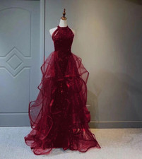 Wine Red Sequined Tulle Halter Prom Dress Long Evening Gown Formal Dress