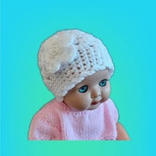Crocheted Baby Girl Beanie Hat - White with silver rose - 0-3 months/Newborn