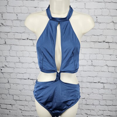 Lost Ink Metalic Blue ASOS Piece Halter Top Cut Out Swim Suit