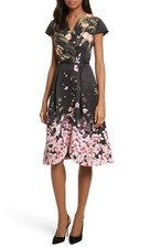 TED BAKER Black Peach Blossom Floral Print Belted Tulip Hem Dress 0 TB = 2 US XS