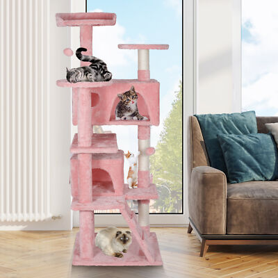  53'' Cat Tree Activity Tower Pet  with Scratching Posts  Ladders Indoor Pink