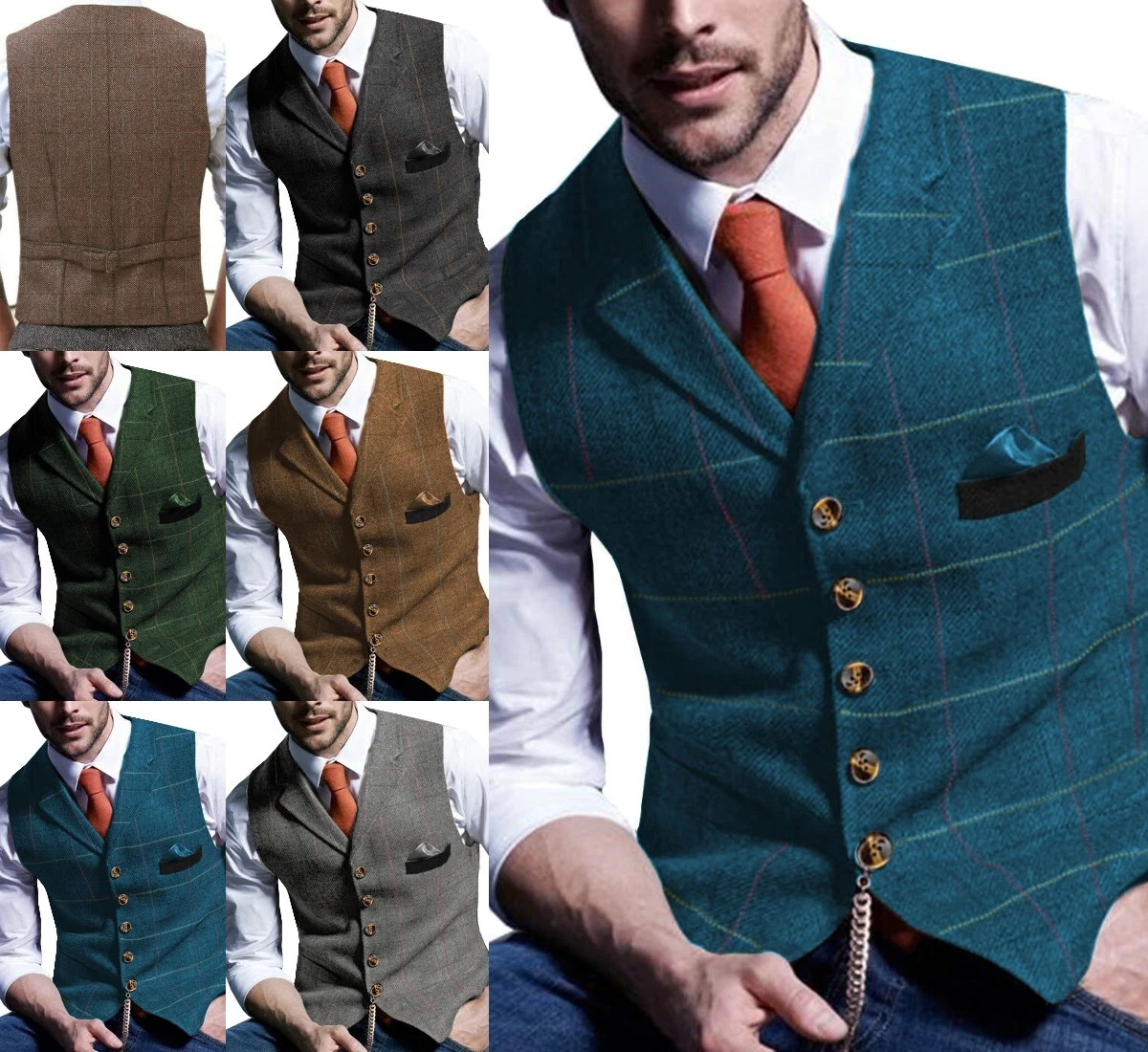 Tailored Mens Tweed Plaid Vest Windowpane Waistcoat Wedding Wool Herringbone 3XL