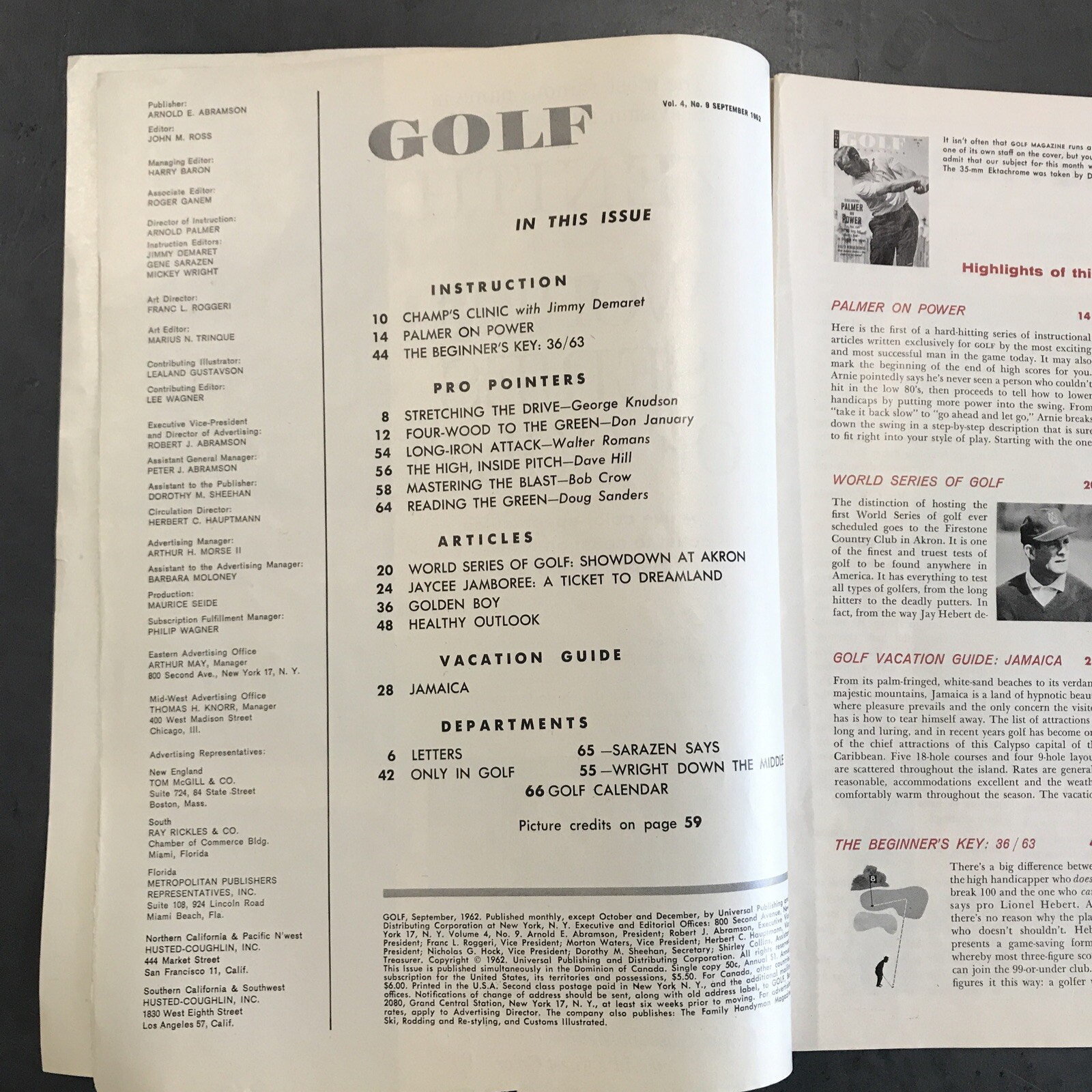 VINTAGE GOLF MAGAZINE SEPT 1962 VOL 4 9 PALMER ON POWER GOLF WORLD