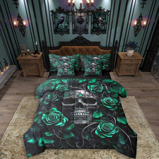 Sugar Skull 7 Pcs Comforter Set Queen,Mint Green Rose Floral Bedding Set for Kid