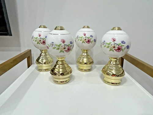 Vintage Porcelain & Brass Floral Pattern Bed Post Handles Lot of 4