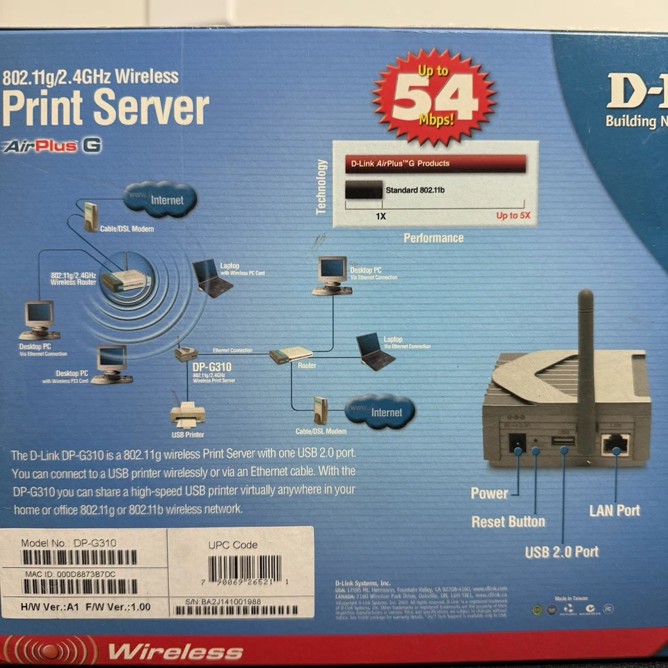 D-Link DP-G310 802.11g Wireless USB Print Server NEW in Box Sealed DP-G310 - Image 4 of 4