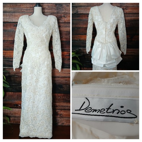 Demetrios Wedding Dress 1980s Gown Ivory Beaded Sequin Lace Mesh Bow USA Vintage