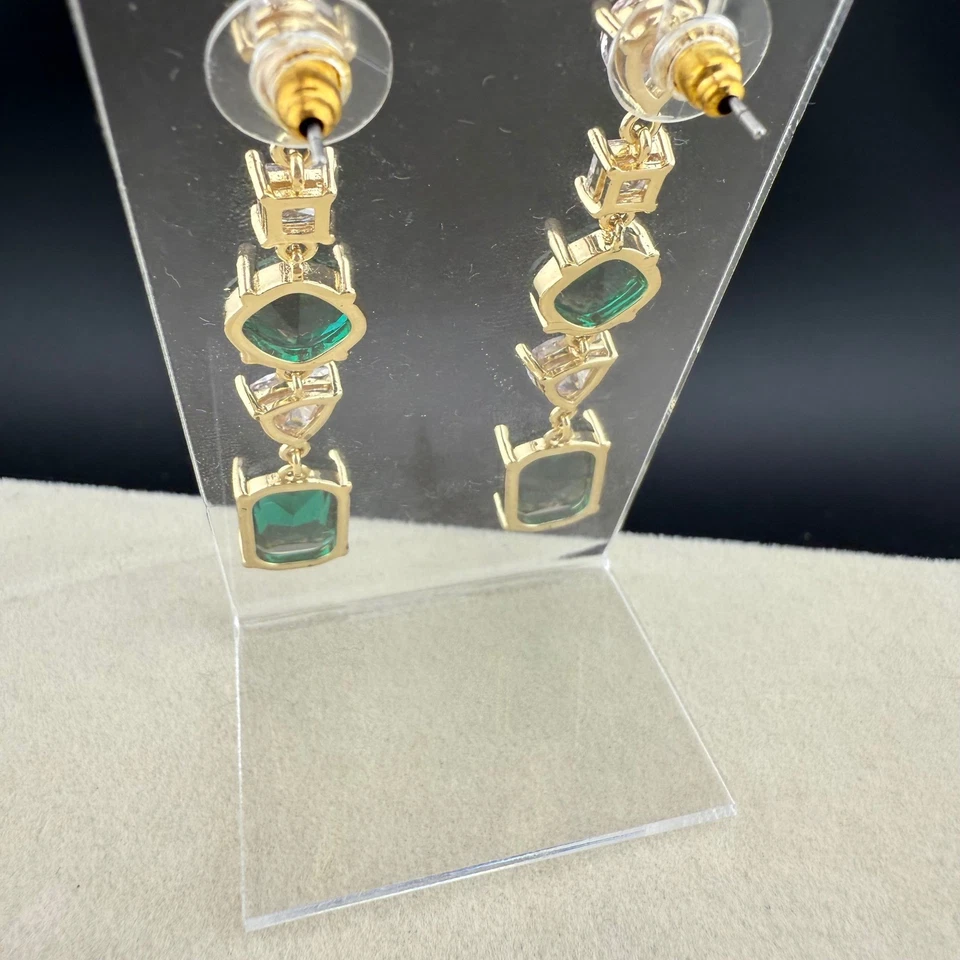 Pendientes colgantes colgantes verde esmeralda estrás cristalino tono dorado Foto 3 de 4