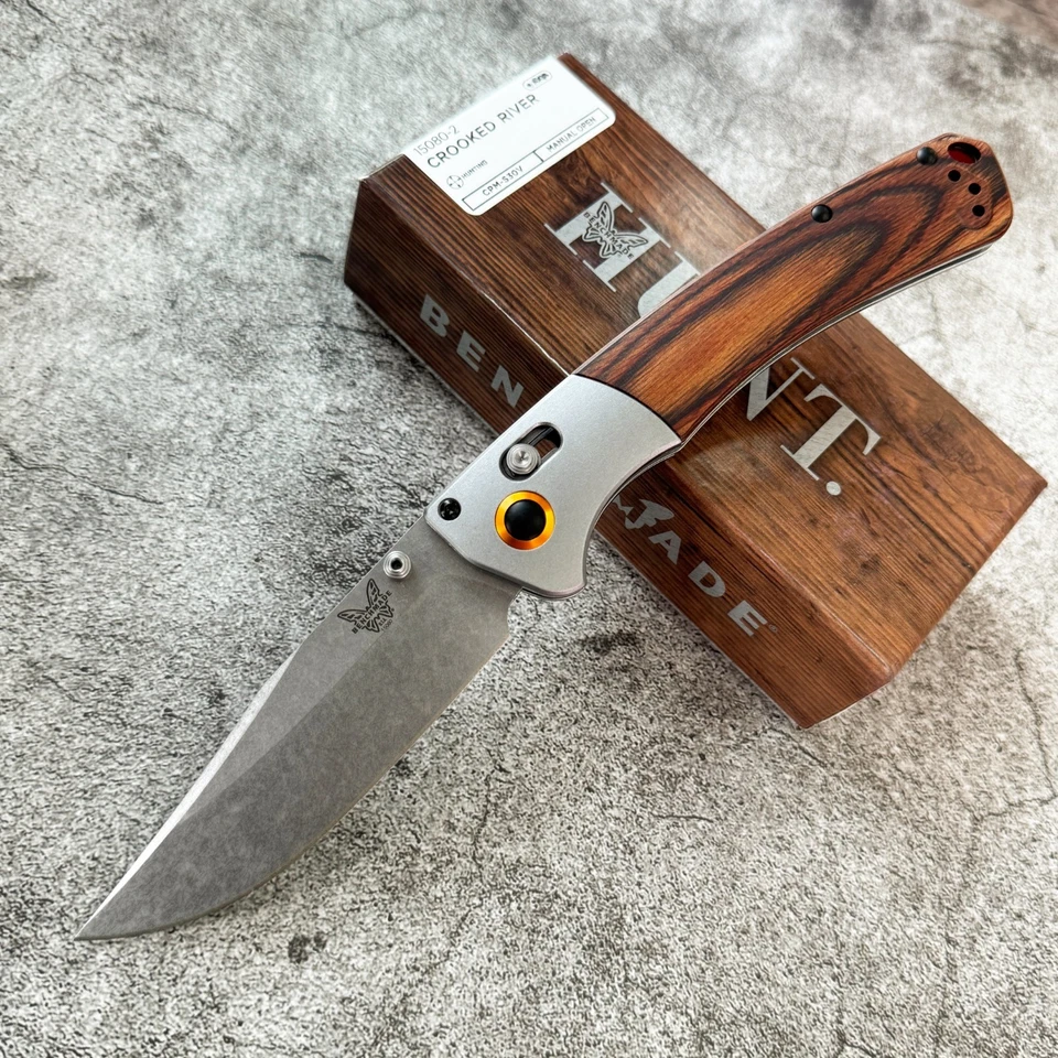 Cuchillo Plegable Benchmade 15080-2 Crooked River Gris Aluminio Madera Clip-Point Foto 3 de 4