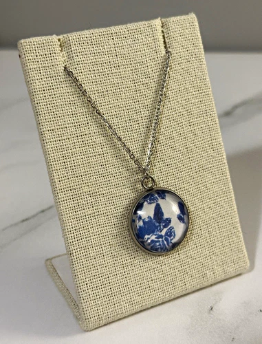 Silver Tone Blue & White Round Floral Charm Pendant Necklace w/ Cable Chain - product listing photo