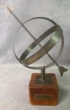Vintage 1962 Swedish Armillary Sphere Sundial Brass W/ Wood Base Tabletop Art