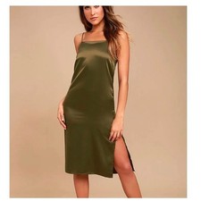 Lulus Large olive green slip dress square neck open back lace up wedding minimal