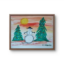 Christmas Trees Snowman 14X11 Signed Colorful Original Contemporary Art Canvas