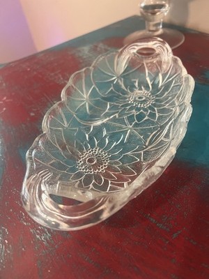 1930s Indiana Glass Lily Pons Oval Sunflower Relish Dish Handles Clear Floral